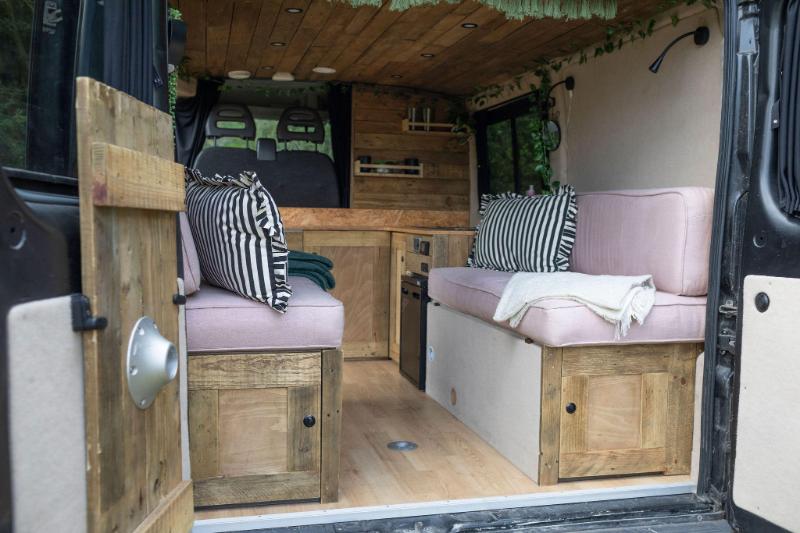 Vandemort: Quirky wood-lined seating area inside the Vandemort campervan